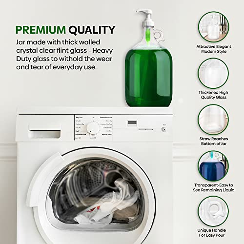 kitchentoolz Gallon Glass Pump Dispenser Bottle, Large Jug Laundry Liquid Detergent Dispenser with Pump for Laundry Room Organization, Soap, Fabric Softener, Commercial Condiment Dispenser- 128 oz
