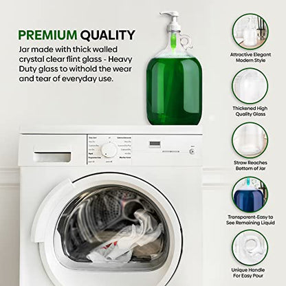 kitchentoolz Gallon Glass Pump Dispenser Bottle, Large Jug Laundry Liquid Detergent Dispenser with Pump for Laundry Room Organization, Soap, Fabric Softener, Commercial Condiment Dispenser- 128 oz