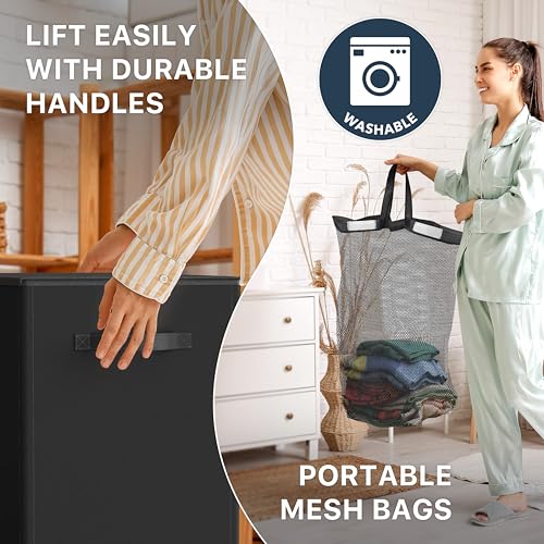 Simple Houseware Double Laundry Hamper with Lid & Removable Bags, Black | Heavy Duty 600D Polyester, Water-Resistant Surface
