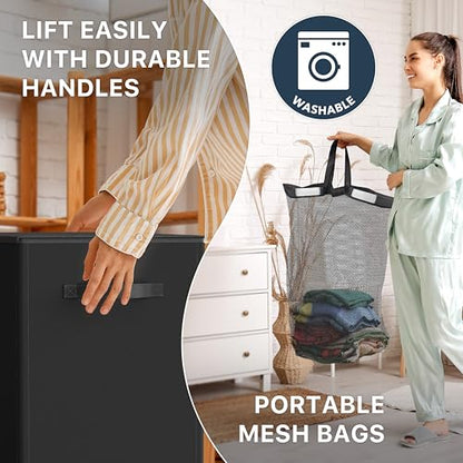 Simple Houseware Double Laundry Hamper with Lid & Removable Bags, Black | Heavy Duty 600D Polyester, Water-Resistant Surface