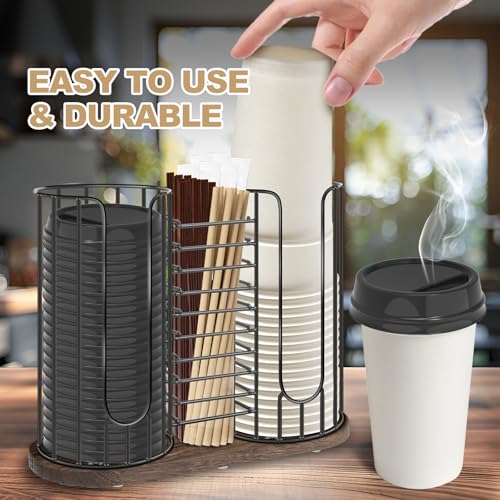 3-Compartment 18oz Coffee Cup Dispenser Rack with Wood Base, Disposable Cup, and Lid Organizer for Countertop - Perfect for Paper Cups, Straws, and Kitchen Cabinet Storage