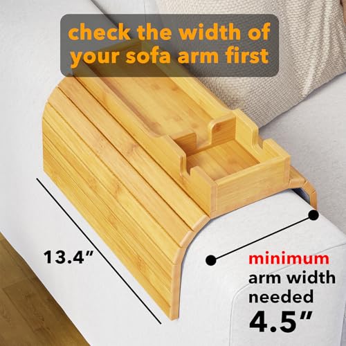 SpaceAid Bamboo Couch Cup Holder, Anti Falling Foldable Sofa Armrest Tray with Cup Holder, Couch Arm Side Table Organizer for Drink Cup Remote Snacks (Natural)