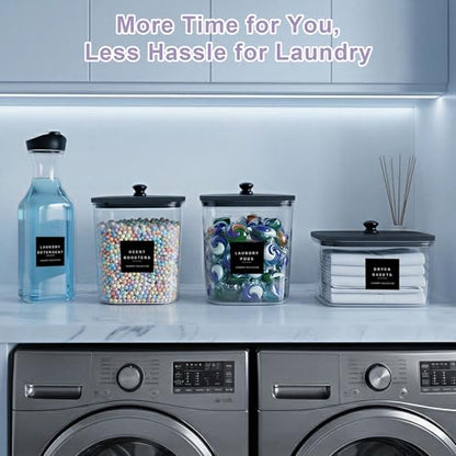 POLRAI Laundry Pod Containers and Dryer Sheet Holder and Laundry Detergent Dispenser Clear Laundry Room Organization and Storage with Wooden Lids Labels and spoon （2+1+1 Pack）