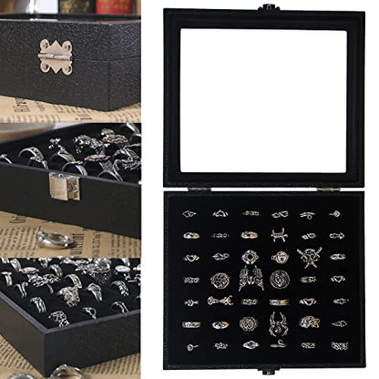 Pangkeep Ring Organizer Display Case,Black Jewelry Storage Tray Boxes for Multiple Rings,Glass Lid,Stackable. (42 Slots)