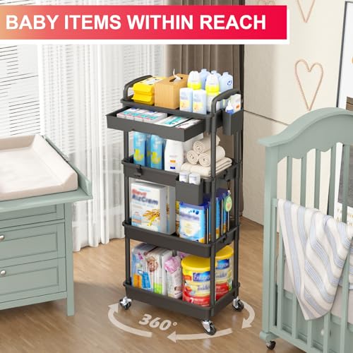 Goovilla 4 Tier Rolling Utility Cart Organizer with Removable Drawer, Black | Stable and Sturdy Rolling Storage Carts with 2 Lockable Wheels for Bathroom, Kitchen, Snack, Craft, Makeup, Baby Essentials