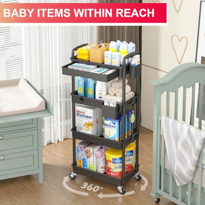 Goovilla 4 Tier Rolling Utility Cart Organizer with Removable Drawer, Black | Stable and Sturdy Rolling Storage Carts with 2 Lockable Wheels for Bathroom, Kitchen, Snack, Craft, Makeup, Baby Essentials