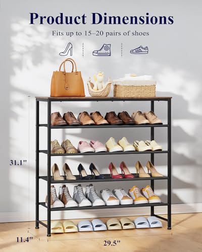 Kitsure 5-Tier Shoe Rack with Wooden Top, 29.5" x 11.4" x 31.1", Brown | Wooden Shoe Rack for Entryway, Closet, Metal Frame Shoe Storage for Closet, Space-Saving Shoe Rack Organizer with Table Top