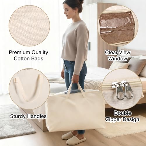Blanket Storage Bags 70L Canvas Closet Organizers Clothes Container 2 Pack | Canvas Fabric, Reinforced Handles, Foldable Design, for Clothing Comforters Pillows and Toys, Dorm Bedroom and Closet Use