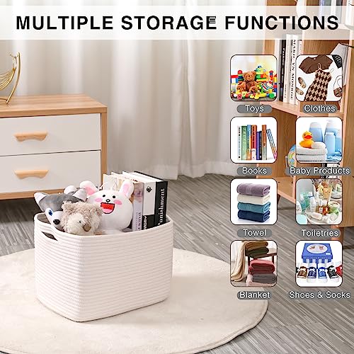 Storage Baskets for Organizing Shelves, Woven Cotton Rope Bins for Baby Nursery Organization, Book Toy Towel Organizer, 15"x11"x9.5", 3 Packs, Off White