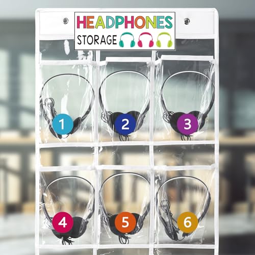 2 Pack Classroom Headphone Storage Organizer 30 Pockets PVC Clear Classroom Pocket Chart over The Door Hanging Headphone Holder Storage with Digital Stickers for Library Door Hanger(White)