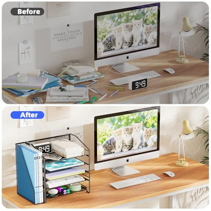 Simple Trending 5-Tier Desk File Organizer, Paper Organizer, Black | Adjustable Letter Trays, Side File Shelf，Durable Steel Mesh, Space Saving, for Home Office, 15.4"L x 9"W x 13"H