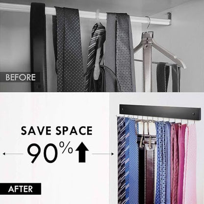2-Pack Tie Rack Wall Mounted, Belt Hanger, Tie Organizer for Closet | Wooden Tie and Belt Organizer, 28 Folding Hooks, Space Saving Tie Holder, Durable Belt Rack for Closet Wall Mount, Black