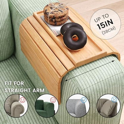 2 Pack Bamboo Folding Sofa Arm Tray with Anti-Slip Pad (Natural) | Couch Armrest Tray,Foldable Build, Space-Saving Storage, No Assembly, easy to clean, universal arm fit,Gift box