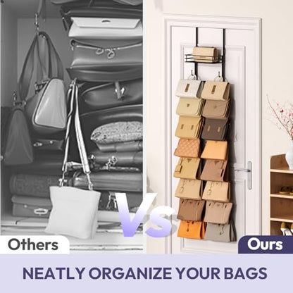 Over the Door Purse Organizer - Wall Mounted Handbag Organizer with 16 Hooks and Metal Basket, Hanging Purse Storage Rack Holds up to 16 Bags, Bag Rack Can Use As 1/2 Part, for Door, Closet