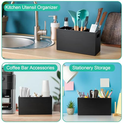 ALELION Black Kitchen Utensil Holder for Countertop - Wooden Large Utensil Caddy Organizer for Counter - 3 Compartment Cooking Utensil Crock for Silverware Spoon Spatula