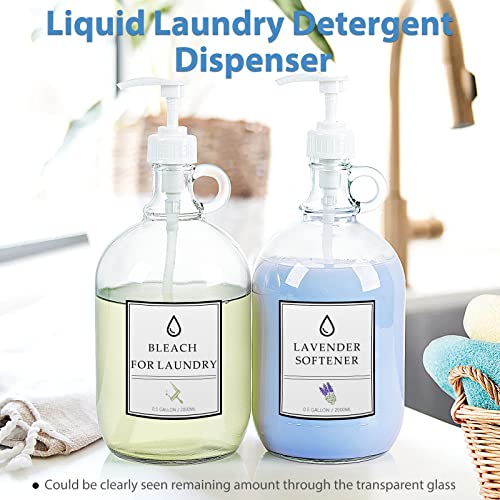 2 Pcs Glass Liquid Laundry Detergent Dispenser, Half Gallon Soap Dispenser | 64 oz Laundry Containers, Gallon Jug Pump, Thick Glass Food Grade, Includes 4 Pumps, 4 Labels, Funnel