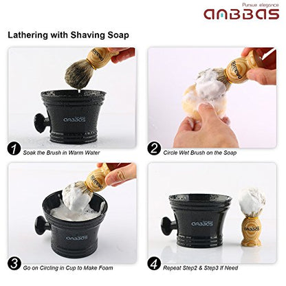 Anbbas 4IN1 Badger Hair Shaving Brush Set Lather for Men Smooth Wet Shave | and Soap Bowl Stand Good Water Absorption Skin Friendly Lather No Shedding Easy To Clean Morning Personal Care Space Saving