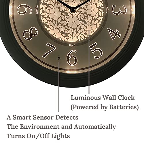 12.6" Illuminated Farmhouse Wall Clock | Silent Battery-Operated Night Light Wall Clock, Smart LED Sensor, Living Room, Kitchen, Bath, Sage Green