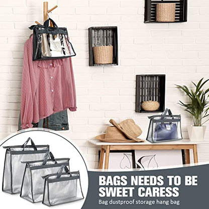 Shappy 15 Pcs Purse Dust Bag for Storage Handbags, 3 Sizes Storage Clear Cover Organizer for Closet Purses Dust Bags with Zipper and Handles Dorm Room Handbags, 5 Each Size(Gray)