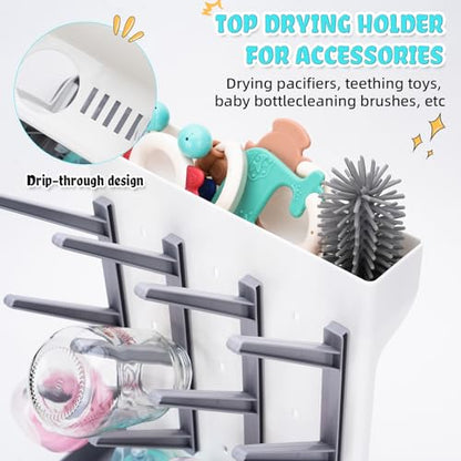 Baby Bottle Drying Rack: Space Saving Vertical Bottle Drying Holder with Brushes Holder - Large Bottle Storage Holder Organizer 12 Bottles & Baby Accessories,BPA-Free, Gray