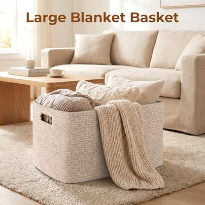 OIAHOMY 75L Large Blanket Basket, 22”x17”x12” Woven Cotton Rope Storage Basket with Handle for Organizing Blanket and Toys for Living Room, Nursery, Brown Variegated