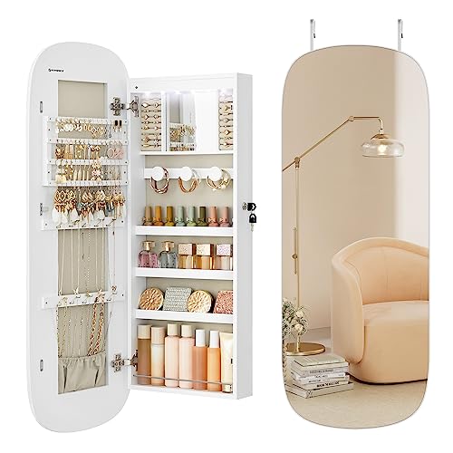 SONGMICS Jewelry Organizer, LED Jewelry Cabinet Wall/Door Mounted, Lockable Rounded Wide Mirror with Storage, Interior Mirror, 3.9 x 16.5 x 42.5 Inches, White Surface with Greige Lining