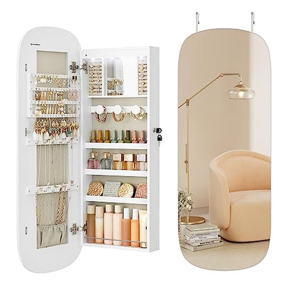 SONGMICS Jewelry Organizer, LED Jewelry Cabinet Wall/Door Mounted, Lockable Rounded Wide Mirror with Storage, Interior Mirror, 3.9 x 16.5 x 42.5 Inches, White Surface with Greige Lining