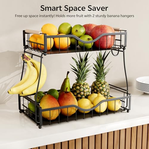 2 Tier Fruit Basket for Kitchen Countertop with 2 Banana Hangers,Detachable Metal Fruit Bowl with Wooden Handles and Protective Pads,Large Capacity Fruit and Vegetable Basket Organizer,Black
