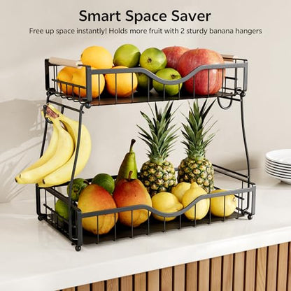 2 Tier Fruit Basket for Kitchen Countertop with 2 Banana Hangers,Detachable Metal Fruit Bowl with Wooden Handles and Protective Pads,Large Capacity Fruit and Vegetable Basket Organizer,Black