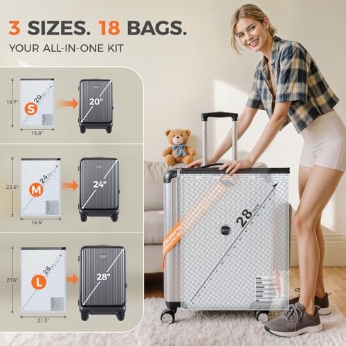 18-Pack Vacuum Bags for Travel with Rechargeable Pump, 3 Sizes | Compression Packing Bags for Carry-On Luggage and Suitcases. Space Saver Vacuum Seal Bags for Clothing and Home Storage