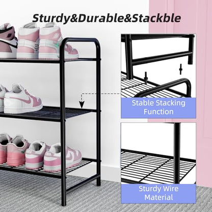Ekisemio 3-Tier Long Metal Shoe Rack, Wide Stackable Shoe Organizer for Closet & Entryway, with Sturdy Wire Grid Storage Shelf for Bedroom, Black