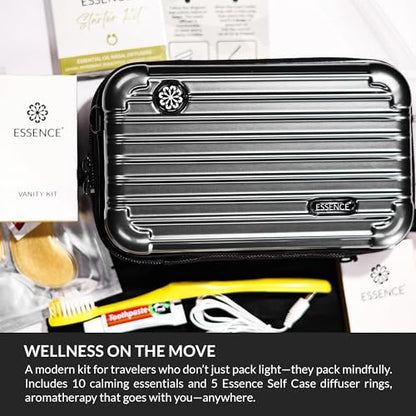 Essence Travel Amenity Kit | Travel Essentials & Travel Size Toiletries Kit | 5-Pack Nasal Diffuser Rings, Sleep Mask, Lotion & Hygiene Kit | Travel Toiletry Kit for Women | Black Case
