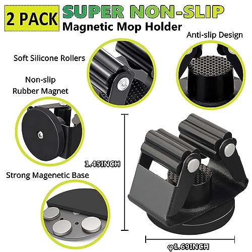 Magnetic Mop Broom Holder,Heavy Duty Movable Magnetic Broom Holder Rack,Anti-slip Wall Mounted Utility Storage Mop Shovel Gripper Hanger for Garage, Kitchen, Laundry, Garden(2 Pack/Black)