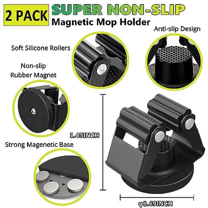 Magnetic Mop Broom Holder,Heavy Duty Movable Magnetic Broom Holder Rack,Anti-slip Wall Mounted Utility Storage Mop Shovel Gripper Hanger for Garage, Kitchen, Laundry, Garden(2 Pack/Black)