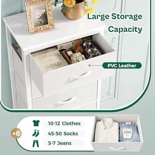 Huuger Tall Dresser for Bedroom, Stable 6 Drawer Dresser with Anti-Tip Device, PU Leather & Fabric Drawers, Tall Nightstand for Closet, Nursery, Storage Tower for College Dorm High Beds, White