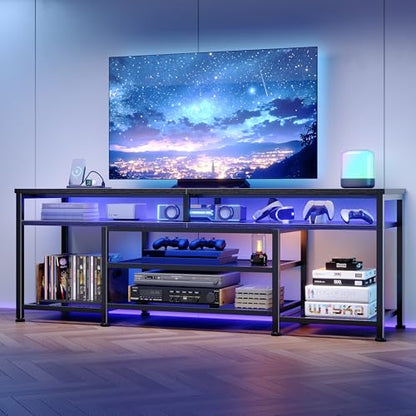 Furologee TV Stand with Power Outlets and LED Lights, 63 Inch Entertainment Center for 60 65 70 Inch TVs, Media Console Table with Open Shelves, for Bedroom, Living Room, Black