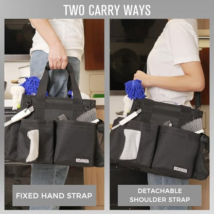 SCAVATA Compact Wearable Cleaning Caddy with Handle & Shoulder Straps | Small Cleaning Supplies Organizer, Under Sink & Car Cleaning Tools Storage Bag for Housekeepers Cleaners, Black