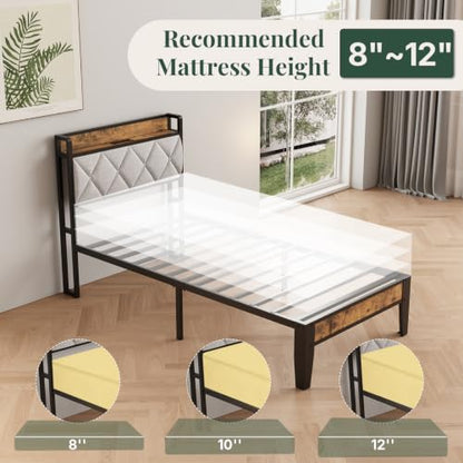 Twin Bed Frame, Headboard with Charging Plug | Upholstered Storage Design With Use, Solid Metal Construction, Noise-Free, No Box Spring Needed, Easy Assembly, Antique Wood