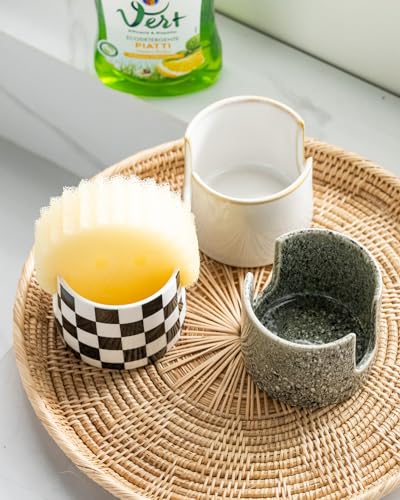 Sponge Holder for Kitchen Sink, Ceramic Dish Sponge Drying Caddy | Scrubby Daddy Kitchen Storage Organizer Cute Dish Brush Drying Rack for Sink Counter, Farmhouse Kitchen Decor, Beige White