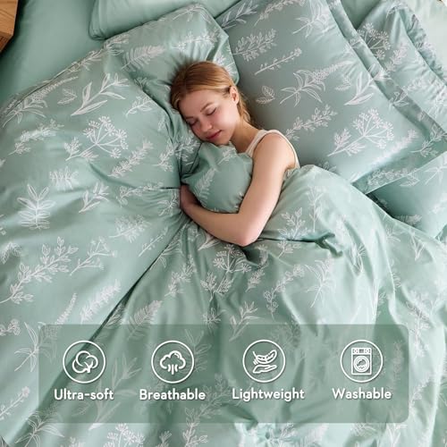 MUXHOMO Duvet Cover Queen Size, Reversible Floral Green Duvet Cover Set with Zipper Closure, 3 Pieces Botanical Patterns Soft Microfiber Bedding Set with 4 Ties (90"x90", 2 Pillow Cases)