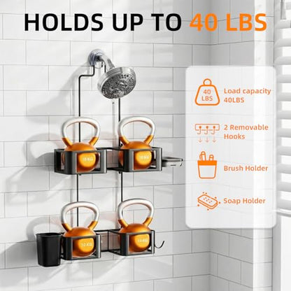 Haging Shower Caddy for Handheld Showerheads,Over Head Shower organizer | Rustproof,Soap Dish,Hooks,Toothbrush Holder,Anti-Swing Adhesive Strip &Suction Cup,For Bathroom,Apartment,RV,Dorm Use,Black