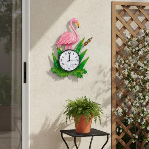 Outdoor Clock with Thermometer & Humidity | Silent None-Ticking, Outdoor Wall Clock Waterproof, Outside Clock for Patio, Living Room, Kitchen, Pink Flamingo