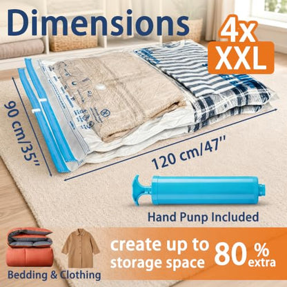 XXL Jumbo Vacuum Storage Bags, for Blanket, Bedding, Comforters | 47''X35'' Extra Large, Save 80% Space, Extra Thick, Clear, 4 pack