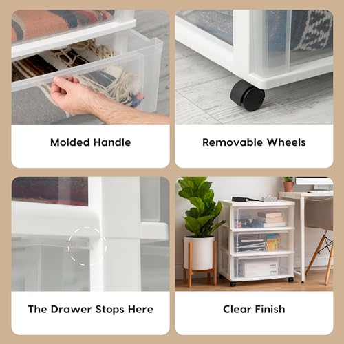 IRIS USA 3-Drawer Wide Storage Cart with Wheels, Organizer, White | Store clothing, towels, office supplies, craft materials and household essentials with organized storage around your home