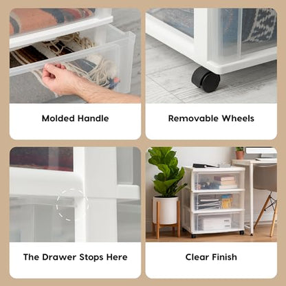 IRIS USA 3-Drawer Wide Storage Cart with Wheels, Organizer, White | Store clothing, towels, office supplies, craft materials and household essentials with organized storage around your home