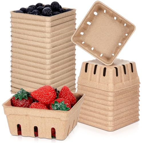 Reallnaive 20 Pack Natural Pulp Fiber Berry Baskets 1/2 Pint | For Strawberry, Blueberry, Raspberry, Vegetables, Farmers Market, Fruit Picking, Garden Harvest, Small Molded Produce Vented