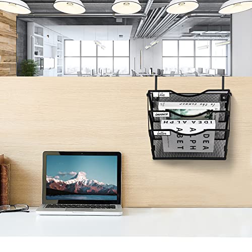 Wall File Organizer 3 Pockets, Mail Organizer, Hanging Folder Holder, Foldable | Hanging or Wall Mounted | Label Panel | 2 Hooks | Office Home School Organizer, Black