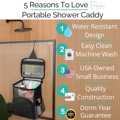 Original Portable Shower Caddy For College Dorms - Foldable Mesh Tote - Dorm Room Essentials - Durable Hanging Travel Shower Bag - Perfect for College Students, Men, Women (Black)