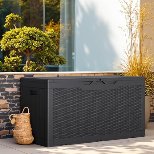 Greesum Outdoor Storage Box 100 Gallon Storage Bin with Lid for Patio Furniture, Garden Tools, Pool Supplies, Lockable, Waterproof and UV Resistant, Black | for Patio Furniture, Garden Tools, Pool Supplies, Lockable, Waterproof and UV Resistant