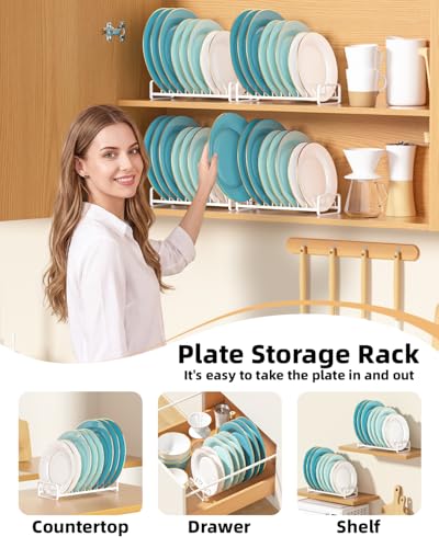 Plate Organizer for Cabinet -2Pack,Dish Rack Organizer for Cabinet Kitchen Countertop Drawer Space Saver，8 Slots Vertical Dish Plate Holder Storage Rack, Kitchen Housewarming Gifts for Women (White)
